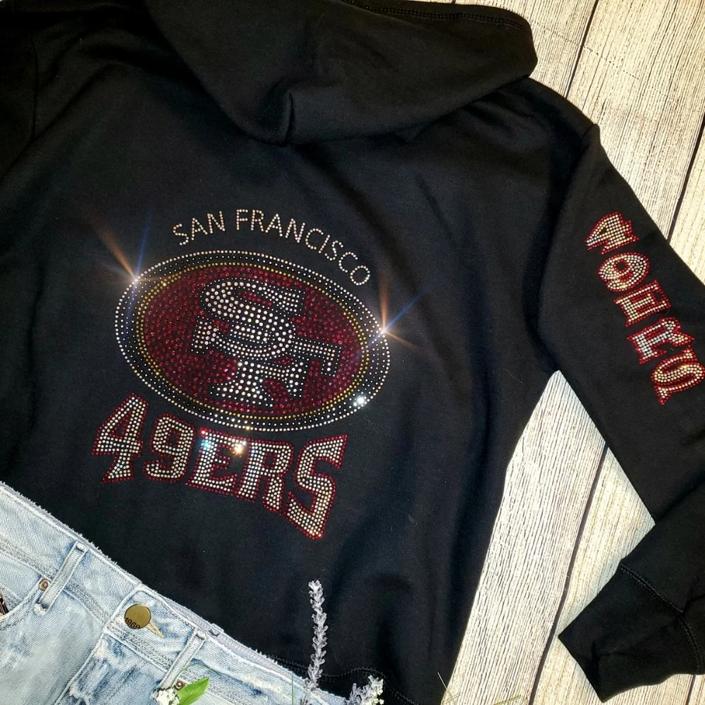 New San Francisco 49ers Rhinestone Zip Up Hoodie Unisex S thru XL - Picture 3 of 7